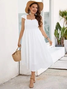 SHEIN VCAY Vestido con fruncido unicolor ribete con fruncido - Blanco - Ver 5