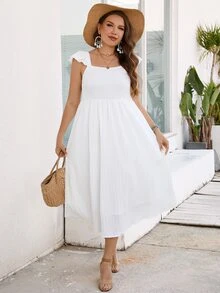 SHEIN VCAY Vestido con fruncido unicolor ribete con fruncido - Blanco - Ver 3