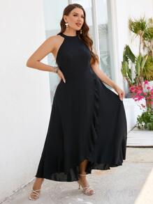 SHEIN VCAY 大碼素色荷葉邊圍裹下擺掛脖洋裝 - 黑色 - 查看 4