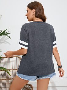 SHEIN LUNE Plus Striped Print Button Detail Tee - Dark Grey - View 2