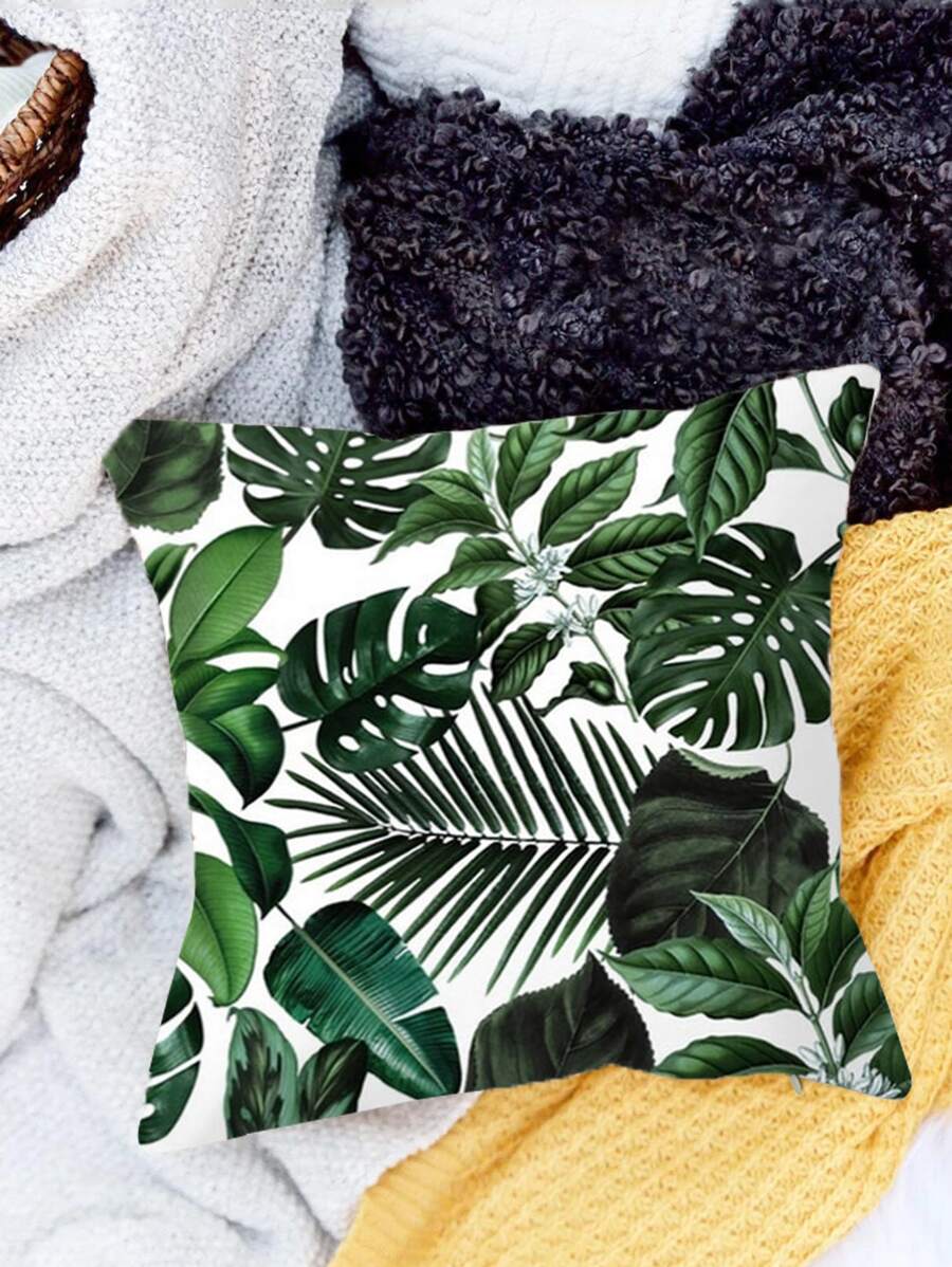 1pc Leaf Pattern Decorative Throw Pillow Case, Modern Fiber Ruffle Decor Cushion Cover For Living Room, Home Decor - Green - View 1