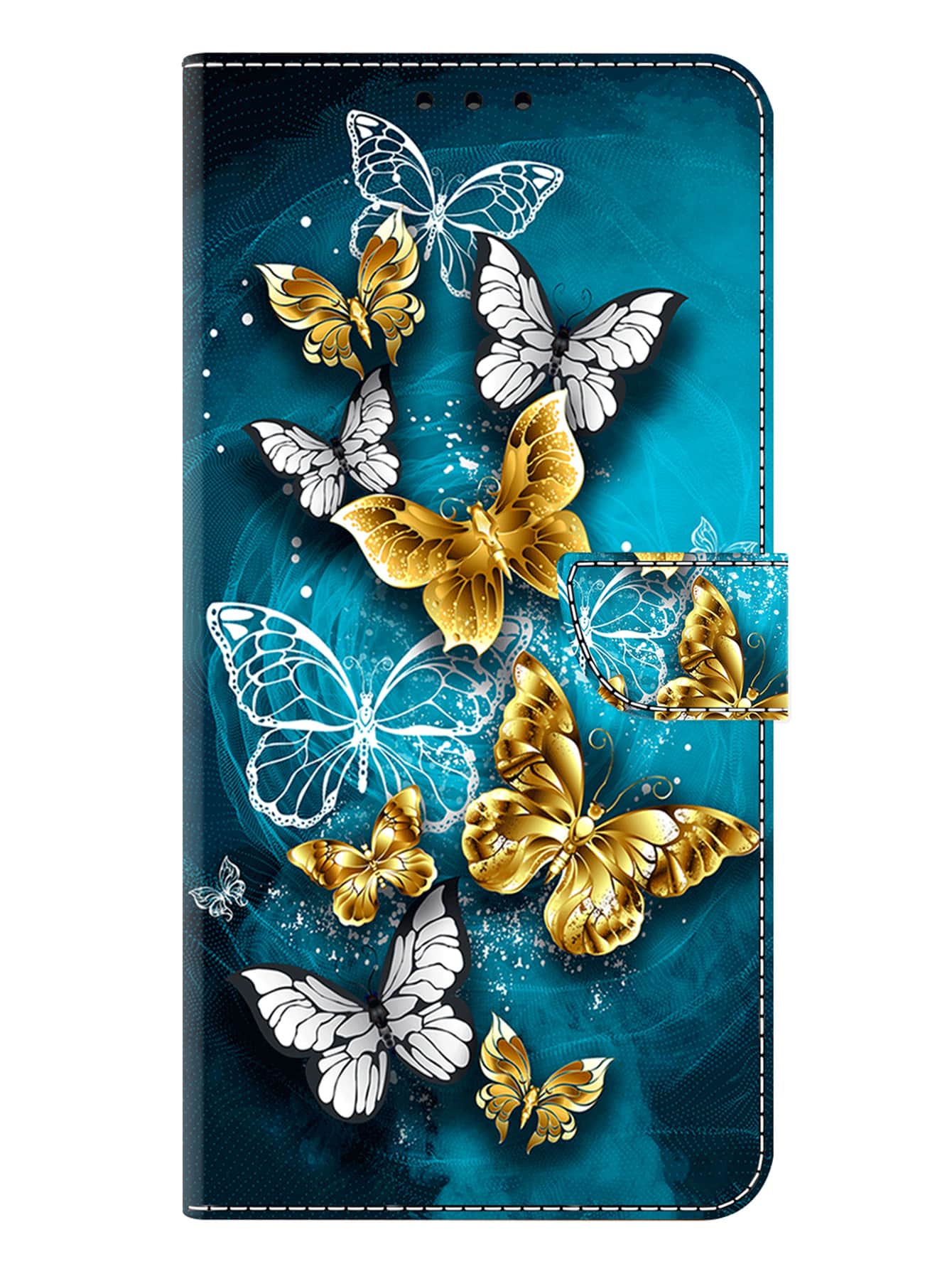 GLANDOTU 翻蓋錢包式手機殼，可折疊支架，防震，附卡槽，相容於三星 Galaxy iPhone 小米等手機型號 - 綠色背景金蝴蝶 相容於 iPhone15/15Plus/15Pro/15Promax - 彩色 - 查看 1