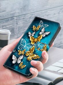 GLANDOTU 翻蓋錢包式手機殼，可折疊支架，防震，附卡槽，相容於三星 Galaxy iPhone 小米等手機型號 - 綠色背景金蝴蝶 相容於 iPhone15/15Plus/15Pro/15Promax - 彩色 - 查看 3