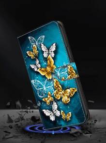 GLANDOTU 翻蓋錢包式手機殼，可折疊支架，防震，附卡槽，相容於三星 Galaxy iPhone 小米等手機型號 - 綠色背景金蝴蝶 相容於 iPhone15/15Plus/15Pro/15Promax - 彩色 - 查看 5