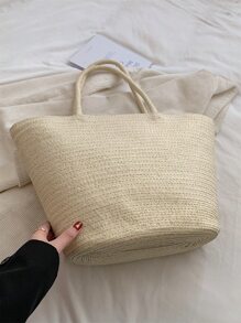 Túi Rơm Quá Khổ Trang Trí Pompom Tay Cầm Đôi Có Khóa Kéo Cho Kỳ Nghỉ, Hoàn Hảo Cho Kỳ Nghỉ Du Lịch Bãi Biển Mùa Hè - Màu be - Xem 2