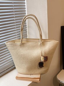 Túi Rơm Quá Khổ Trang Trí Pompom Tay Cầm Đôi Có Khóa Kéo Cho Kỳ Nghỉ, Hoàn Hảo Cho Kỳ Nghỉ Du Lịch Bãi Biển Mùa Hè - Màu be - Xem 4