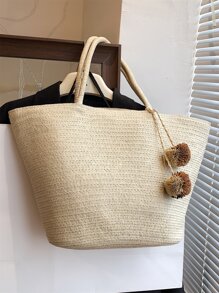 Túi Rơm Quá Khổ Trang Trí Pompom Tay Cầm Đôi Có Khóa Kéo Cho Kỳ Nghỉ, Hoàn Hảo Cho Kỳ Nghỉ Du Lịch Bãi Biển Mùa Hè - Màu be - Xem 5
