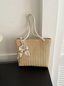 Trang trí Bow Trang trí khăn Túi Rơm Tay cầm đôi Nam châm Kỳ nghỉ - Màu Khaki - Xem 1