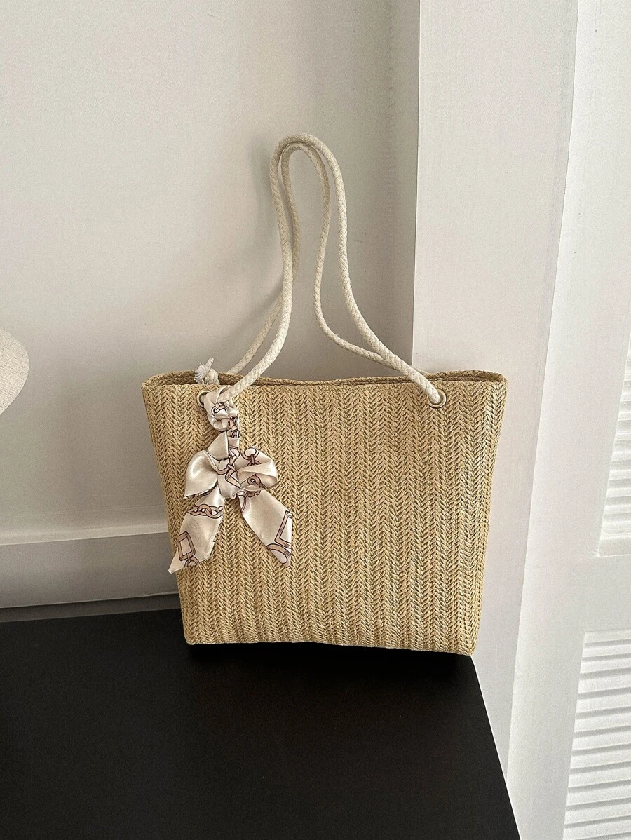 Trang trí Bow Trang trí khăn Túi Rơm Tay cầm đôi Nam châm Kỳ nghỉ - Màu Khaki - Xem 1