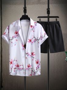 Manfinity RSRT Men Floral Print Shirt & Drawstring Waist Shorts Without Tee - Black and White - View 2