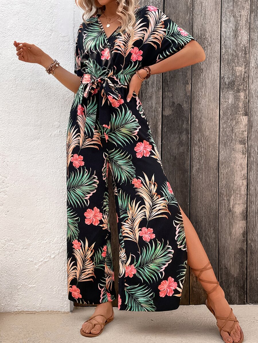 SHEIN VCAY Tropical Print Split Thigh Belted Wide Leg Jumpsuit - Black - View 1
