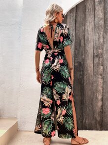 SHEIN VCAY Tropical Print Split Thigh Belted Wide Leg Jumpsuit - Black - View 2