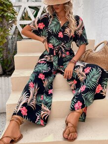 SHEIN VCAY Tropical Print Split Thigh Belted Wide Leg Jumpsuit - Black - View 3