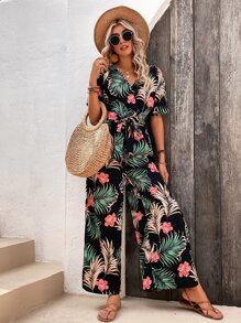 SHEIN VCAY Tropical Print Split Thigh Belted Wide Leg Jumpsuit - Black - View 4