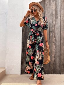 SHEIN VCAY Tropical Print Split Thigh Belted Wide Leg Jumpsuit - Black - View 5