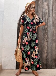 SHEIN VCAY Tropical Print Split Thigh Belted Wide Leg Jumpsuit - Black - View 6