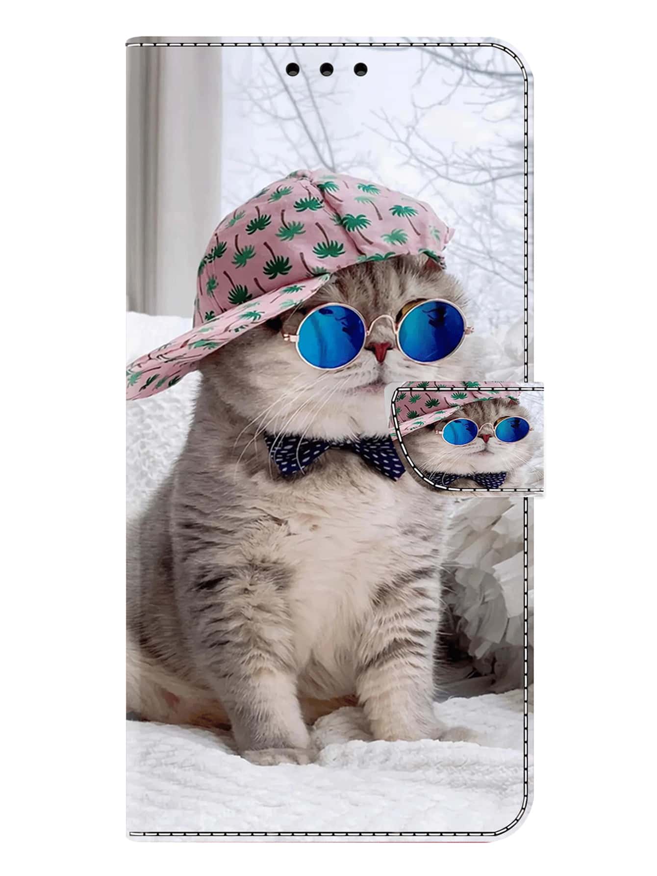 GLANDOTU Glasses Cat With Hat, PU Leather Wallet Protector, Card Holder Base, Card Slot, Shockproof, Compatible With Samsung Galaxy Mobile Phones And Other Phones Compatible With IPhone15/15Plus/15Pro/15Promax,International Version, Not The Domestic Version - Multicolor - View 1