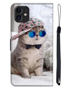 GLANDOTU Glasses Cat With Hat, PU Leather Wallet Protector, Card Holder Base, Card Slot, Shockproof, Compatible With Samsung Galaxy Mobile Phones And Other Phones Compatible With IPhone15/15Plus/15Pro/15Promax,International Version, Not The Domestic Version - Multicolor - View 2