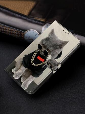 GLANDOTU With Necklace Glasses Cat, PU Leather Wallet Case, Card Holder Base, Card Slot, Shockproof, Compatible With Samsung Galaxy  Mobile Phones And Other Models Compatible With IPhone15/15Plus/15Pro/15Promax