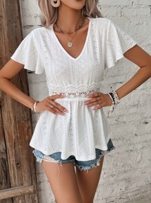 SHEIN Frenchy 蝴蝶袖荷葉邊下擺網眼刺繡襯衫 - 白色 - 查看 1