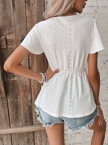 SHEIN Frenchy 蝴蝶袖荷葉邊下擺網眼刺繡襯衫 - 白色 - 查看 2