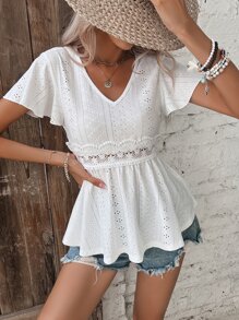SHEIN Frenchy 蝴蝶袖荷葉邊下擺網眼刺繡襯衫 - 白色 - 查看 5