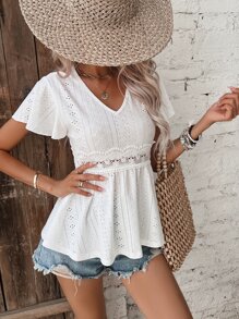 SHEIN Frenchy 蝴蝶袖荷葉邊下擺網眼刺繡襯衫 - 白色 - 查看 7