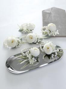 6pcs Flower & Faux Pearl Decor Wrist Corsage - White - View 1