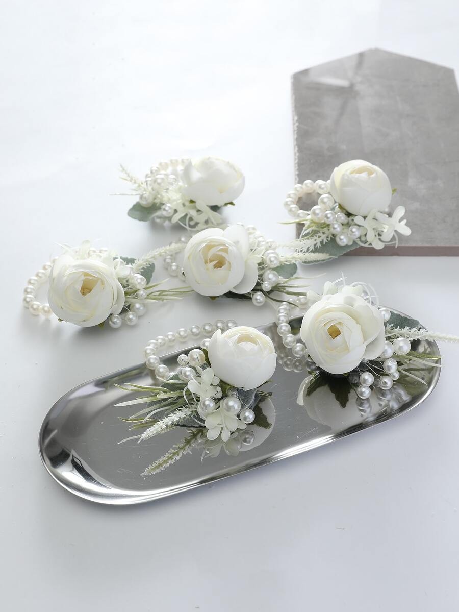 6pcs Flower & Faux Pearl Decor Wrist Corsage - White - View 1