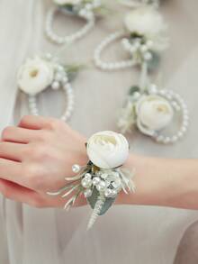 6pcs Flower & Faux Pearl Decor Wrist Corsage - White - View 2