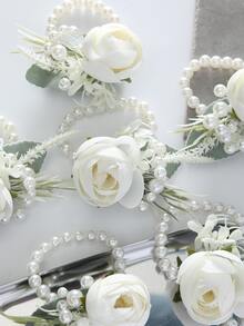 6pcs Flower & Faux Pearl Decor Wrist Corsage - White - View 3