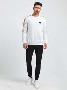 GENTILAND Men Contrast Side Seam Letter Patched Detail Pullover - White - View 4