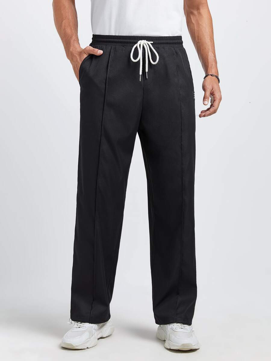 GENTILAND Men Drawstring Waist Seam Detail Trousers - Black - View 1