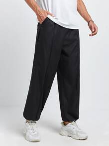 GENTILAND Men Drawstring Waist Seam Detail Trousers - Black - View 3