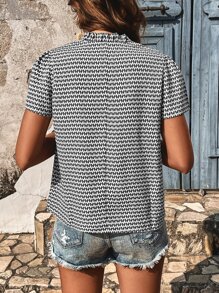 SHEIN Frenchy Allover Print Notched Neckline Puff Sleeve Blouse Summer Casual - Black and White - View 2