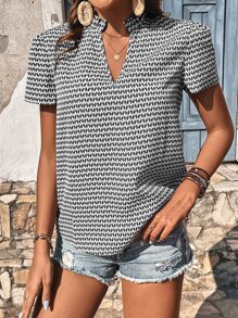 SHEIN Frenchy Allover Print Notched Neckline Puff Sleeve Blouse Summer Casual - Black and White - View 4