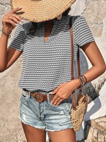 SHEIN Frenchy Allover Print Notched Neckline Puff Sleeve Blouse Summer Casual - Black and White - View 5