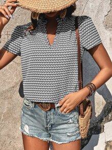 SHEIN Frenchy Allover Print Notched Neckline Puff Sleeve Blouse Summer Casual - Black and White - View 6