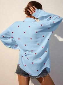 SHEIN Frenchy Heart Print Drop Shoulder Pocket Patched Shirt - Blue - View 2