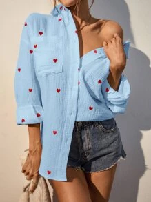 SHEIN Frenchy Heart Print Drop Shoulder Pocket Patched Shirt - Blue - View 4