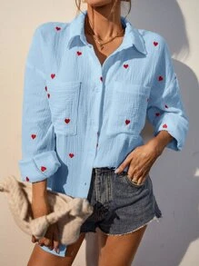 SHEIN Frenchy Heart Print Drop Shoulder Pocket Patched Shirt - Blue - View 6