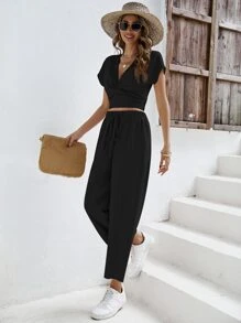 SHEIN Frenchy 蝙蝠袖短款上衣和前繫帶長褲