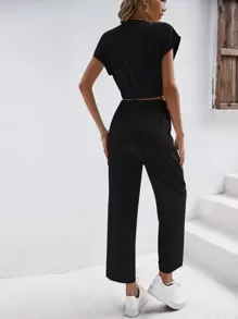 SHEIN Frenchy 蝙蝠袖短款上衣和前繫帶長褲