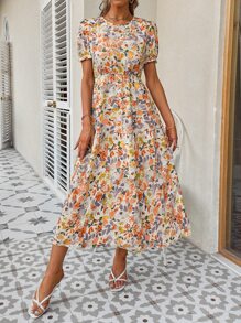 SHEIN VCAY Allover Floral Print Puff Sleeve Ruffle Hem Dress - Multicolor - View 1