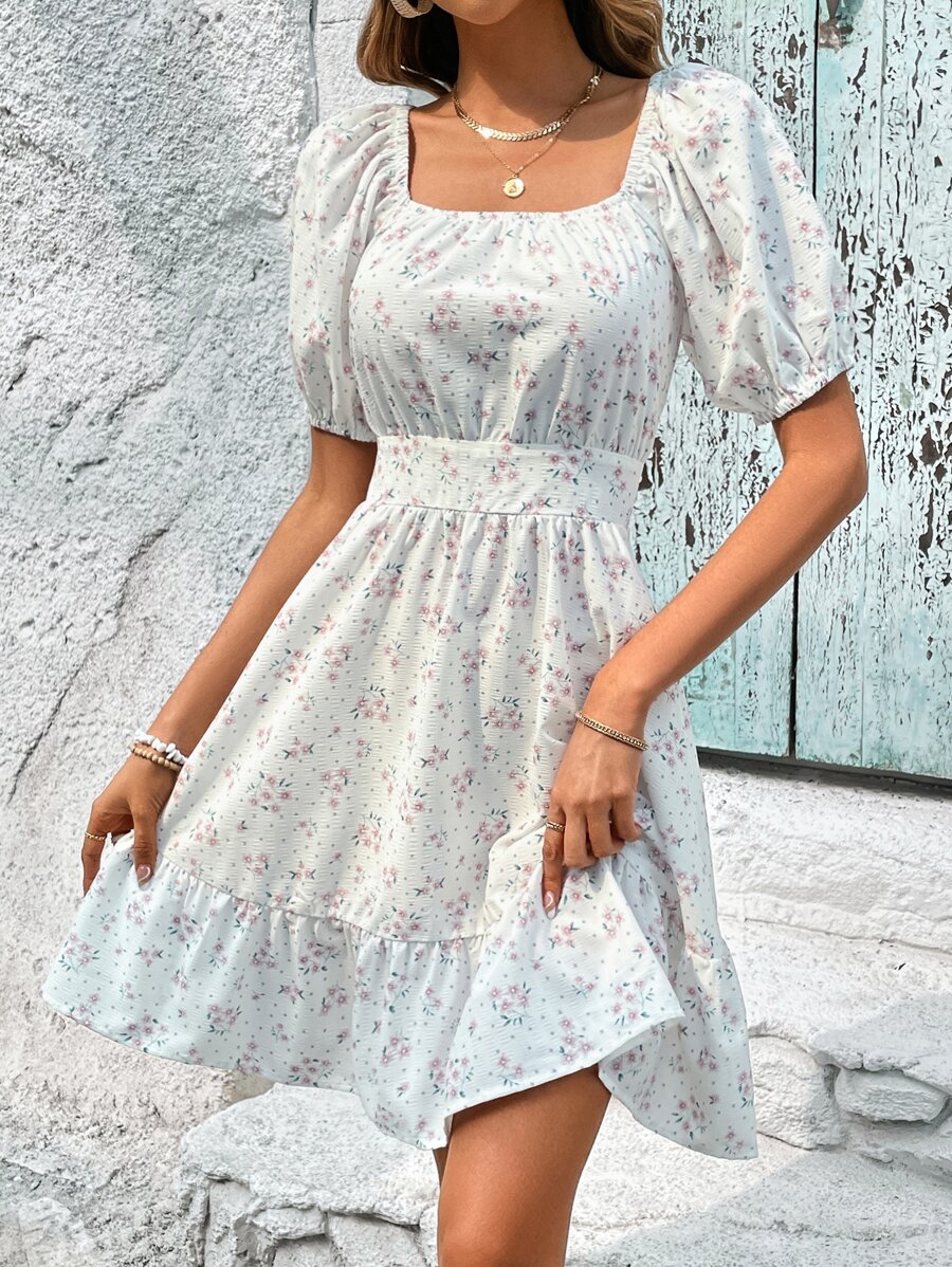 SHEIN VCAY Ditsy Floral Print Tie Backless Ruffle Hem Dress - White - View 1