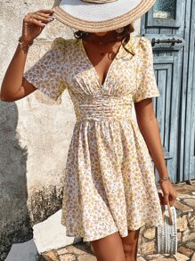 SHEIN Frenchy Ditsy Floral Print Ruched Waist Dress - Yellow - View 3