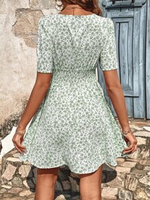 SHEIN Frenchy Ditsy Floral Print Ruched Waist Dress Summer Vacation Green Flower Green Christmas Beach - Green - View 2