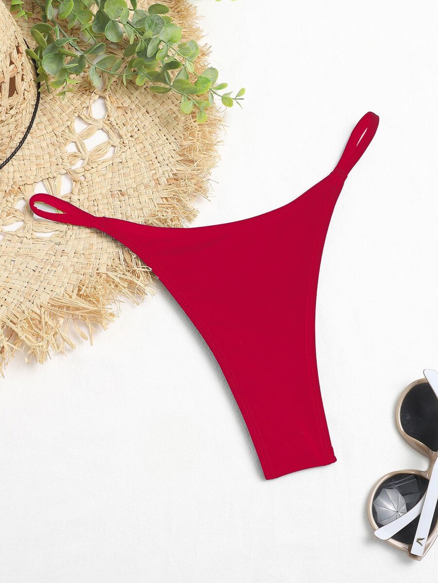 SHEIN Swim Summer Beach Solid Thong Bikini Bottom - Red - View 1