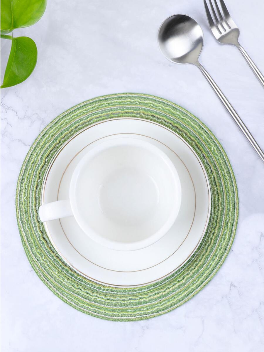 4pcs Round Place Mat, Green Round Woven Polyester Coaster, For Household - Green - View 1
