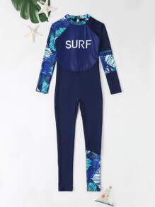 Boys Tropical Print Zipper Back High Neck One Piece Swimsuit - Navy Blue - View 3